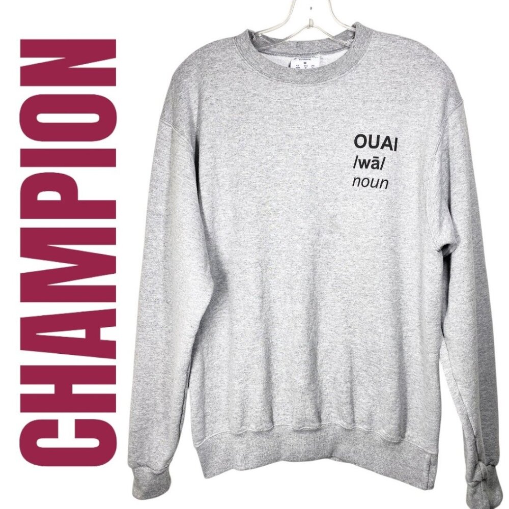CHAMPION SWEATSHIRT‎ FRENCH TEXT OUAI GRAPHIC GRAY BLACK, SIZE MEDIUM